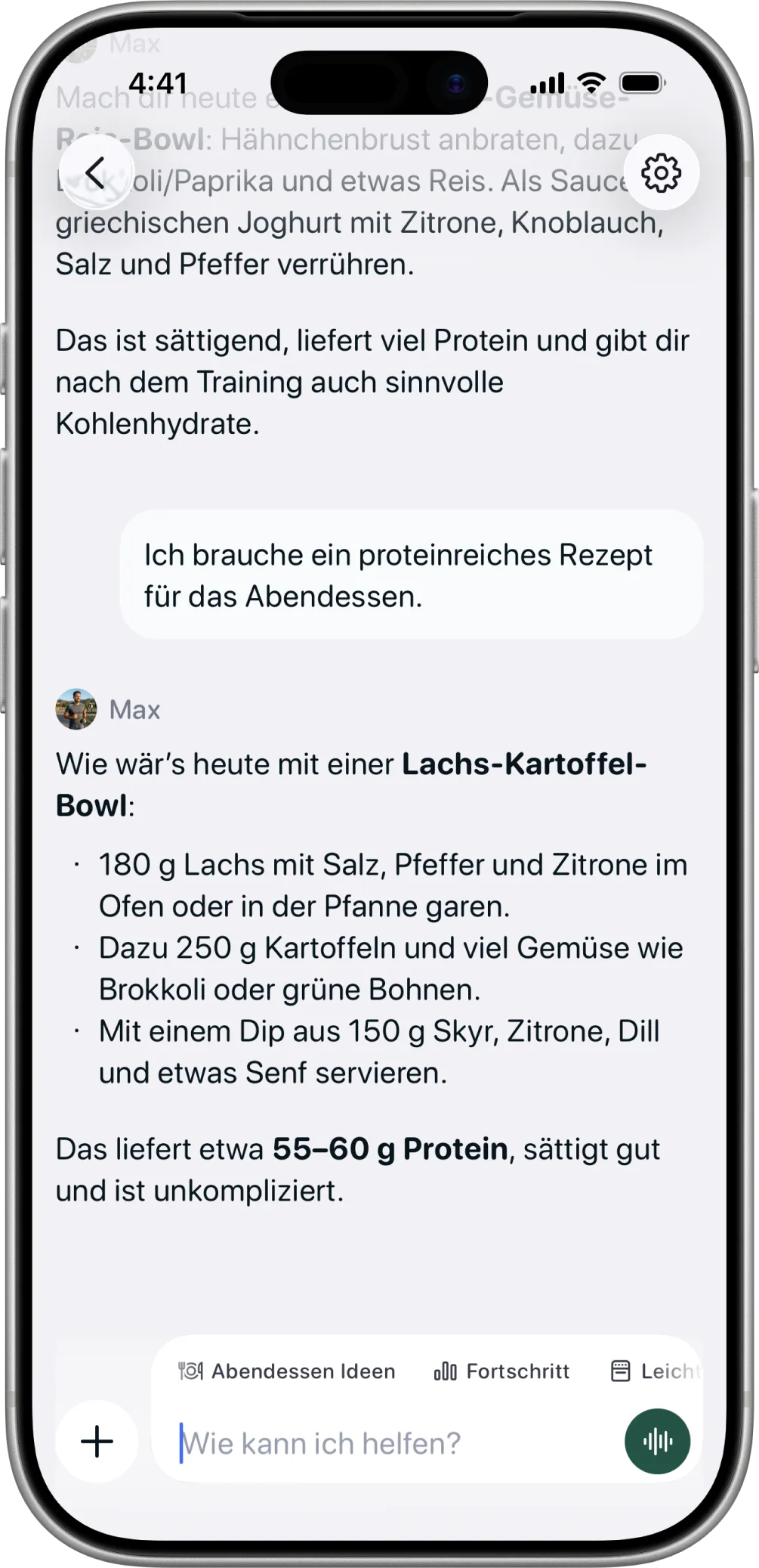 Coach in Healthier mit einem Vorschlag für ein proteinreiches Abendessen.