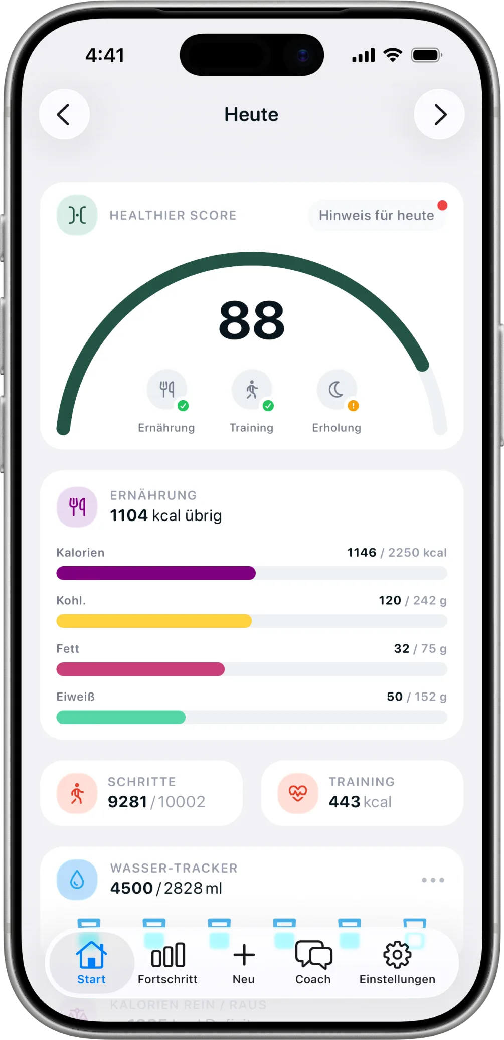 Healthier Score auf Heute, mit Ernährung neben Schritten und Training.