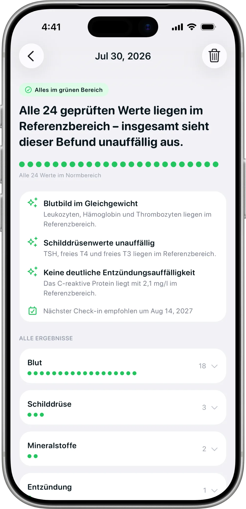 Biomarker in Healthier, mit einer Übersicht von Laborwerten.