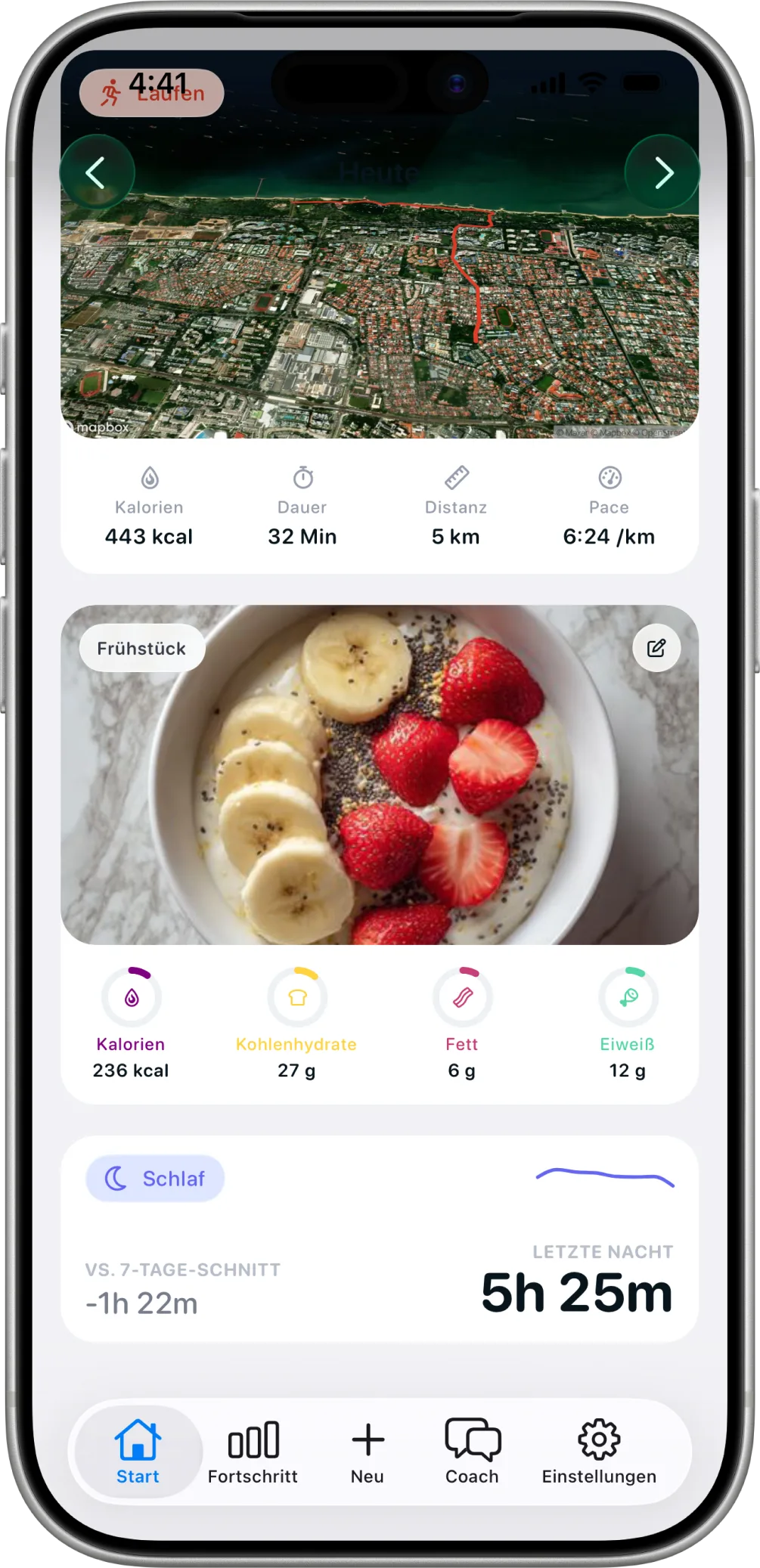 Heute in Healthier, mit Frühstück, Lauf und dem Schlaf der letzten Nacht.