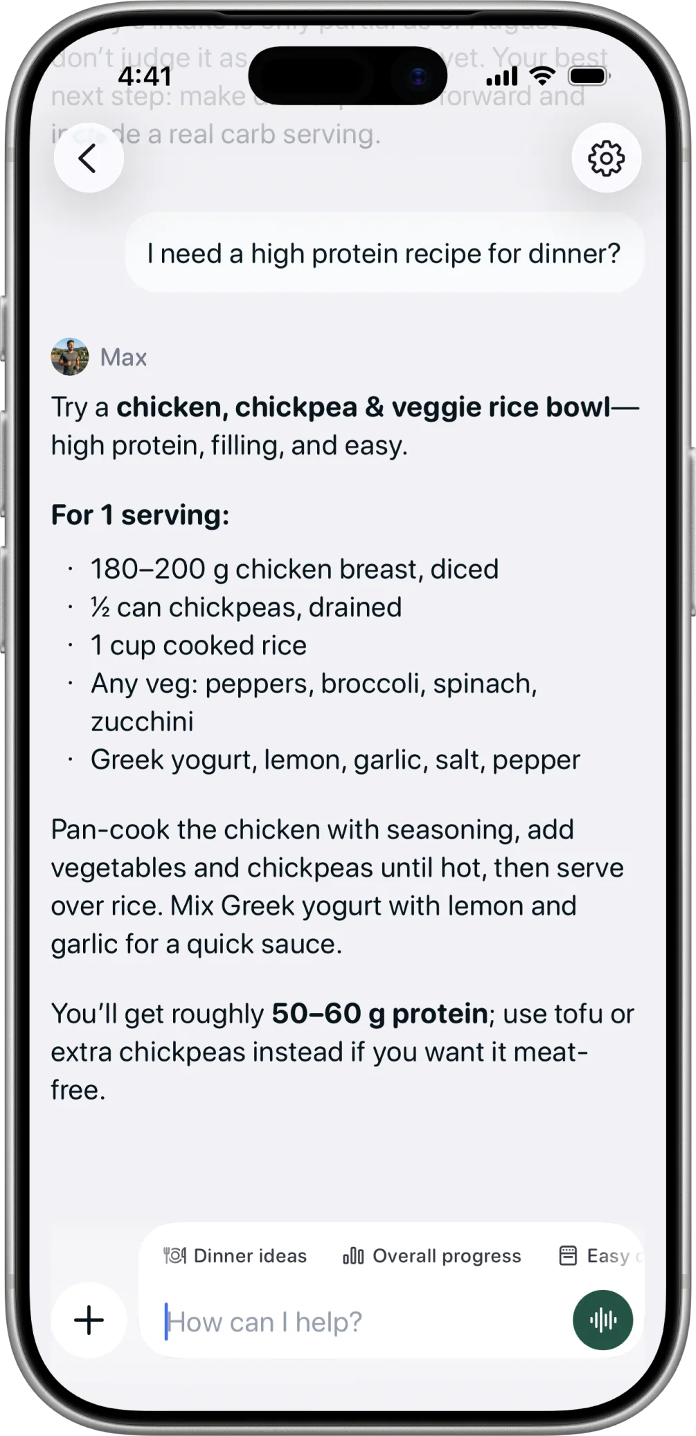Coach in Healthier suggesting a high-protein dinner.