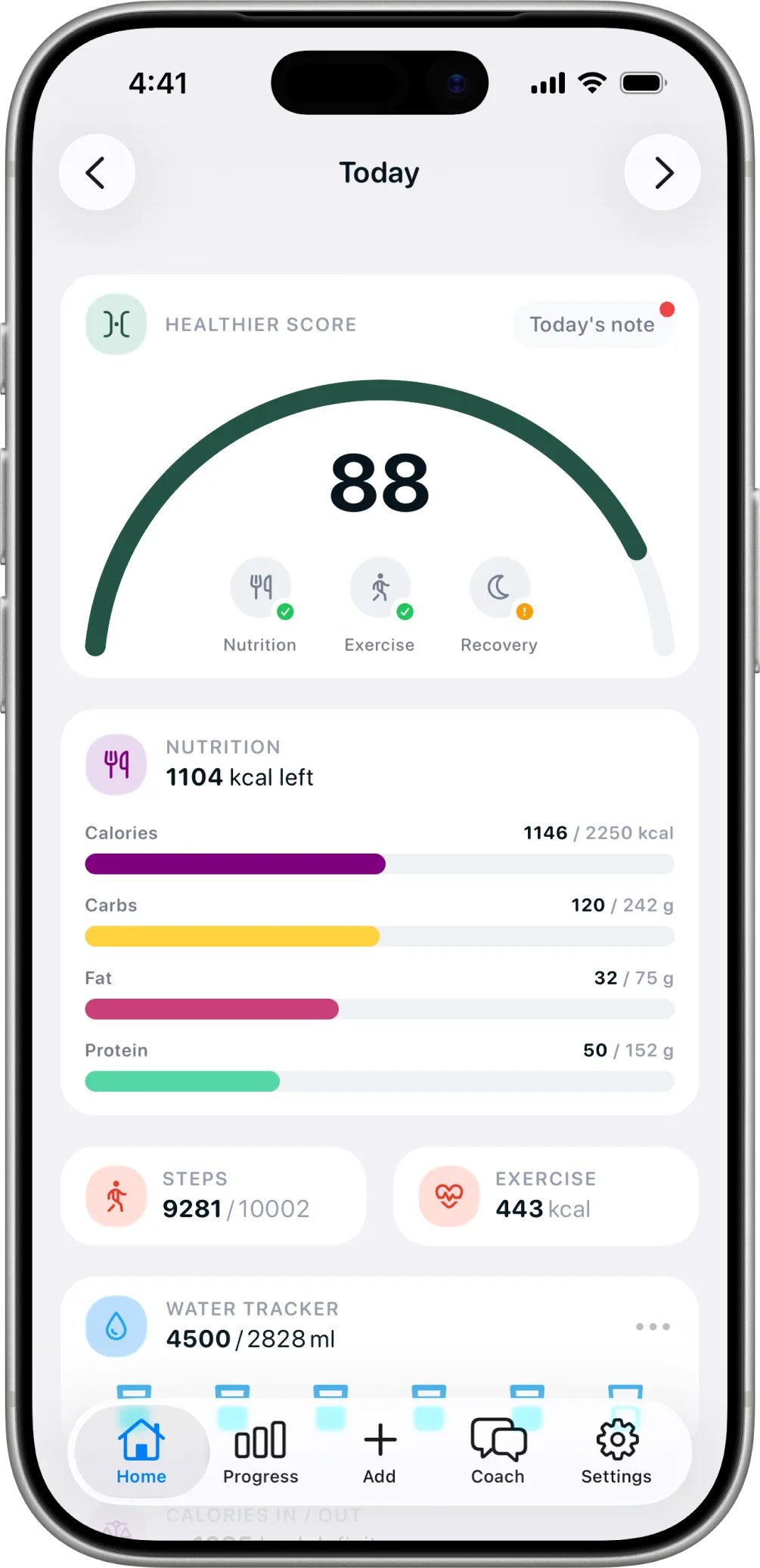 Healthier Score on Today, with nutrition next to steps and exercise.