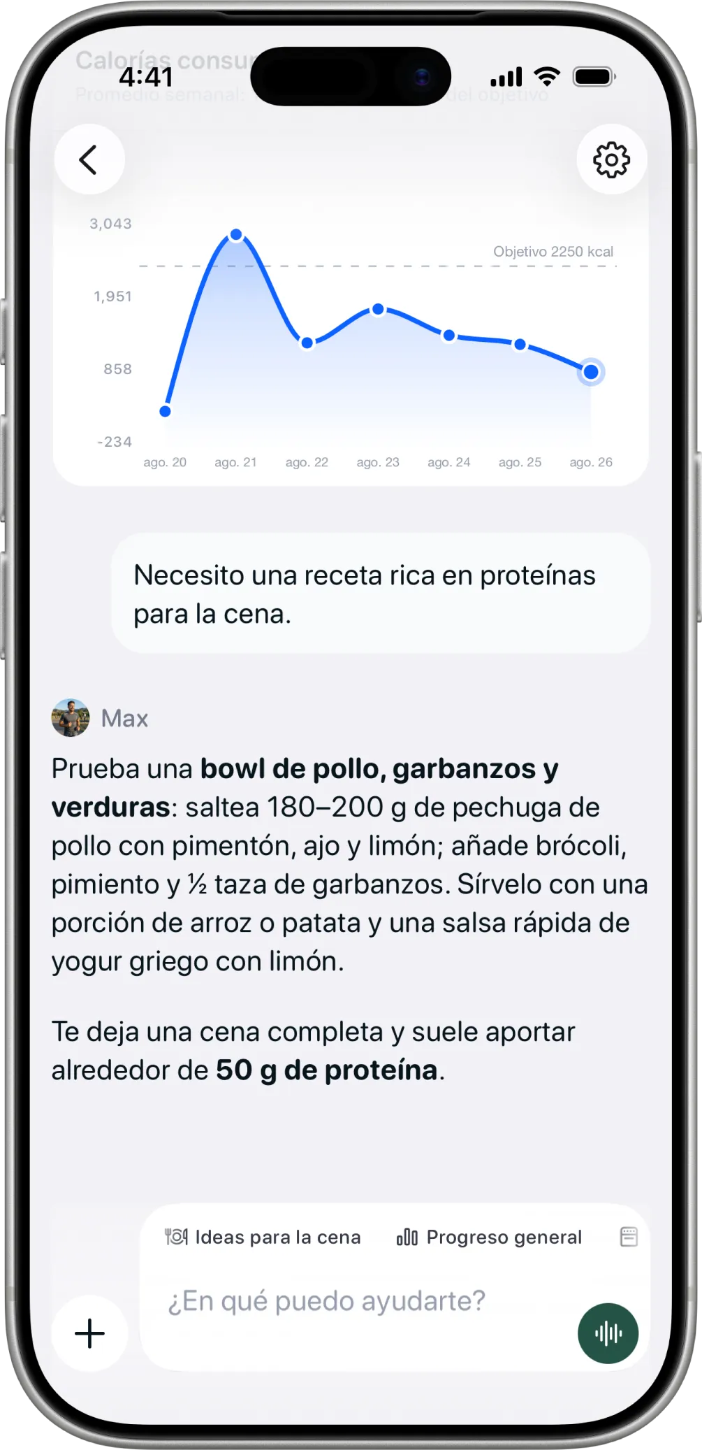 El coach en Healthier sugiriendo una cena alta en proteína.