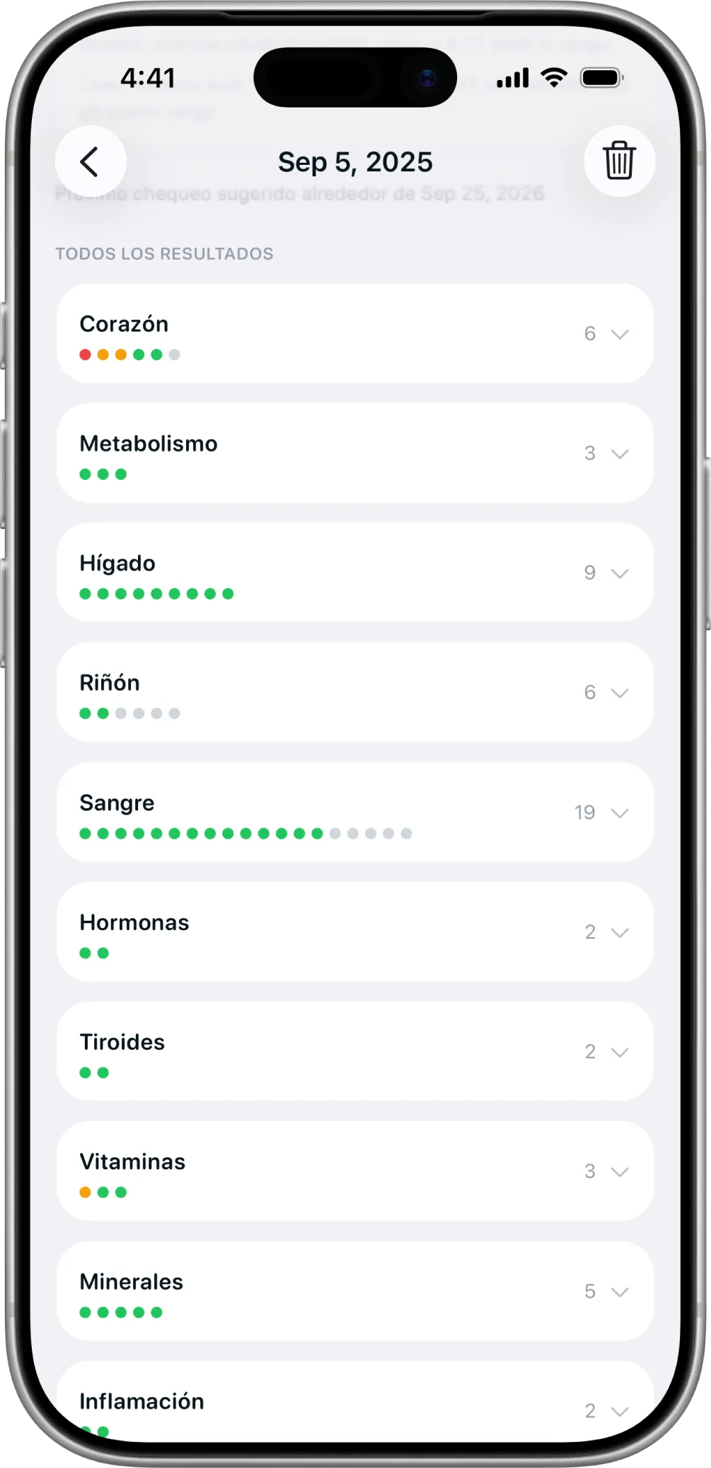 Biomarcadores en Healthier, con un resumen de resultados de laboratorio.