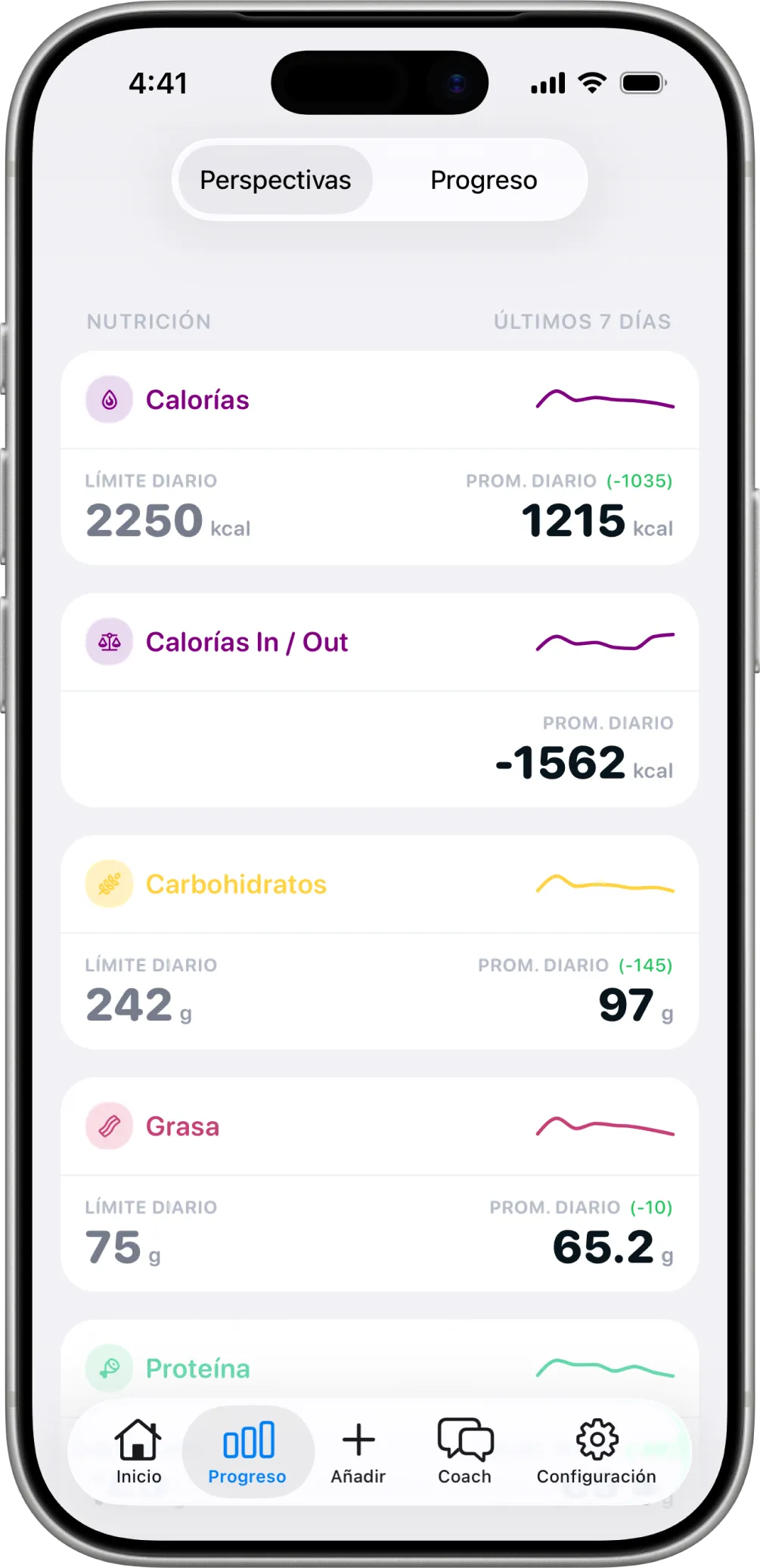 Pantalla de nutrición en Healthier, con calorías, carbohidratos, grasa y proteína de siete días.