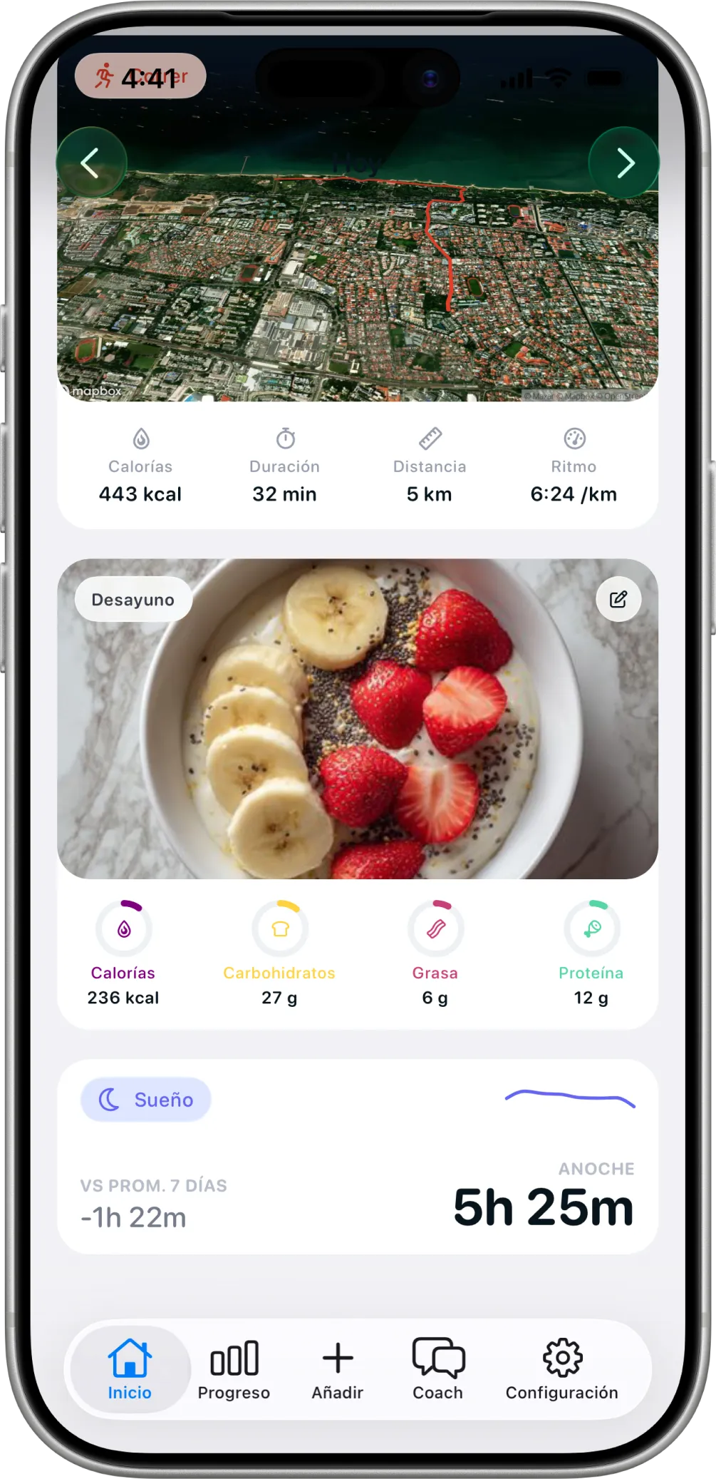 Inicio en Healthier, con el desayuno, una carrera y el sueño de anoche.