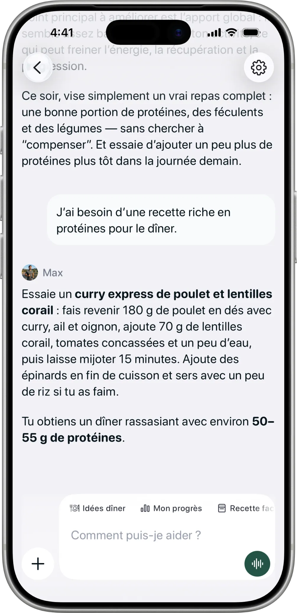 Le coach dans Healthier propose un dîner riche en protéines.