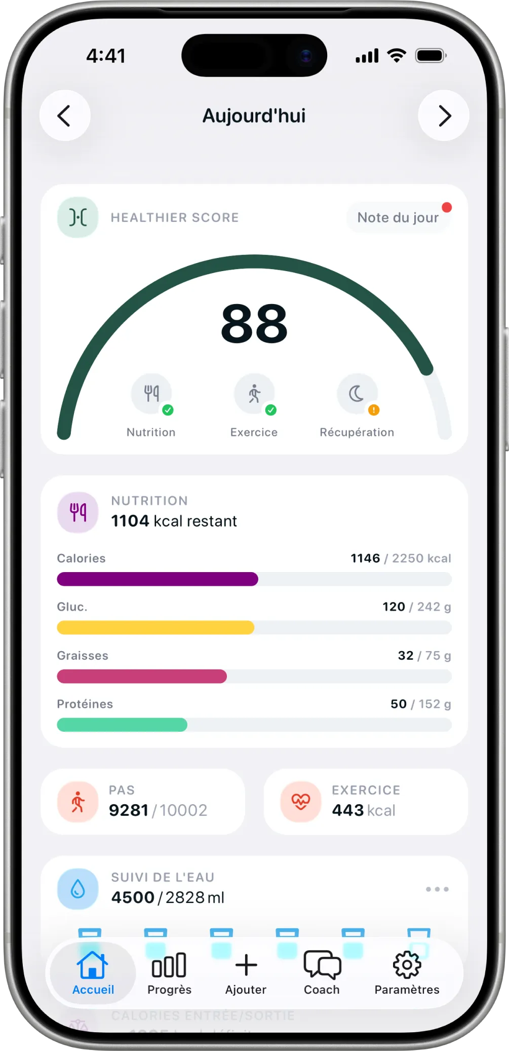 Healthier Score sur Aujourd’hui, avec la nutrition à côté des pas et de l’exercice.