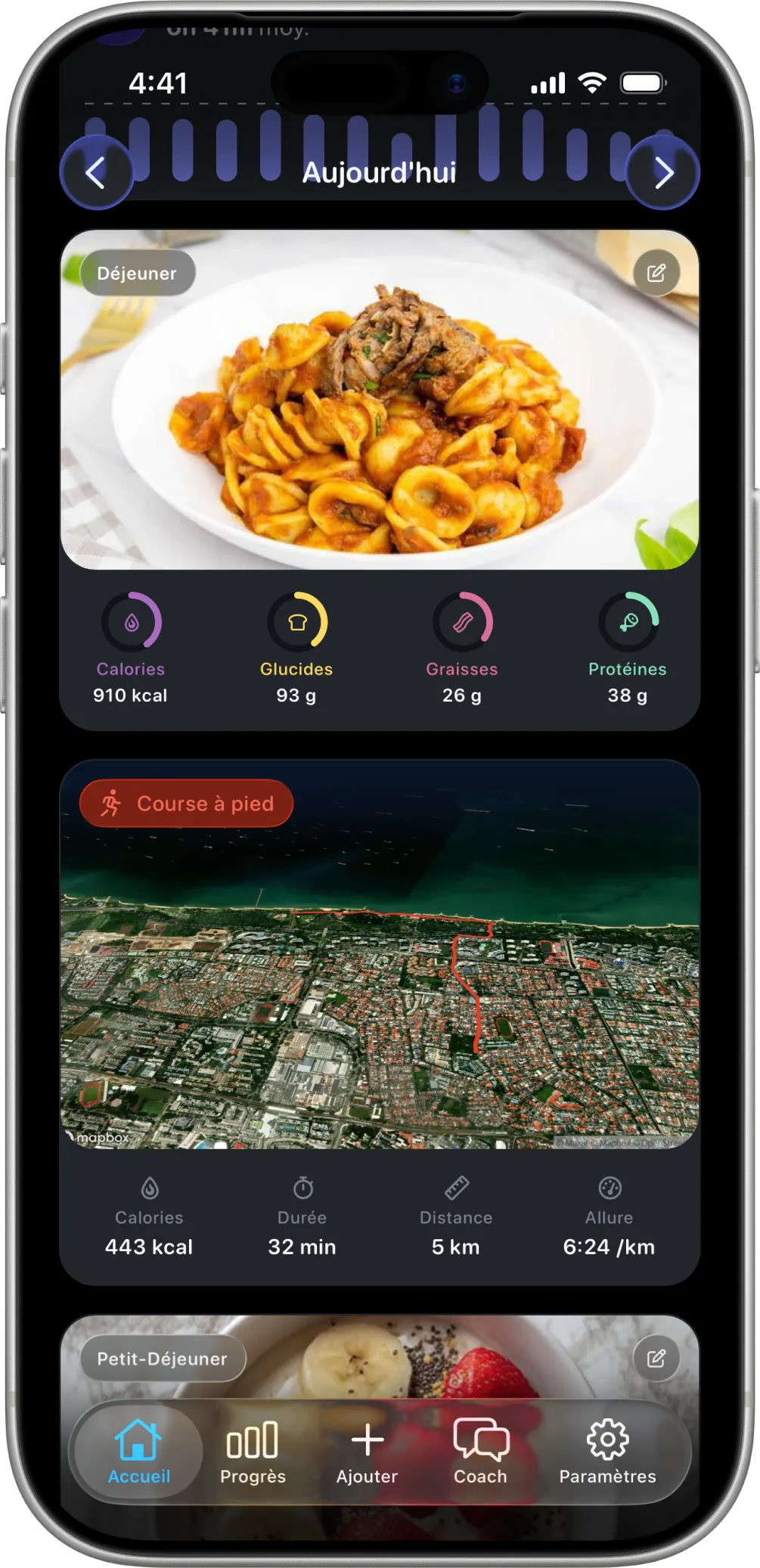 Aujourd’hui dans Healthier, avec un déjeuner photographié et les anneaux de calories, glucides, graisses et protéines.