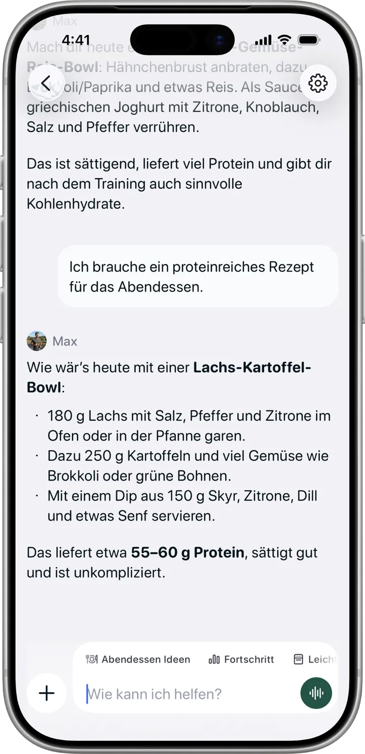 Coach-Ansicht in Healthier, mit einem proteinreichen Abendessen-Vorschlag von Max