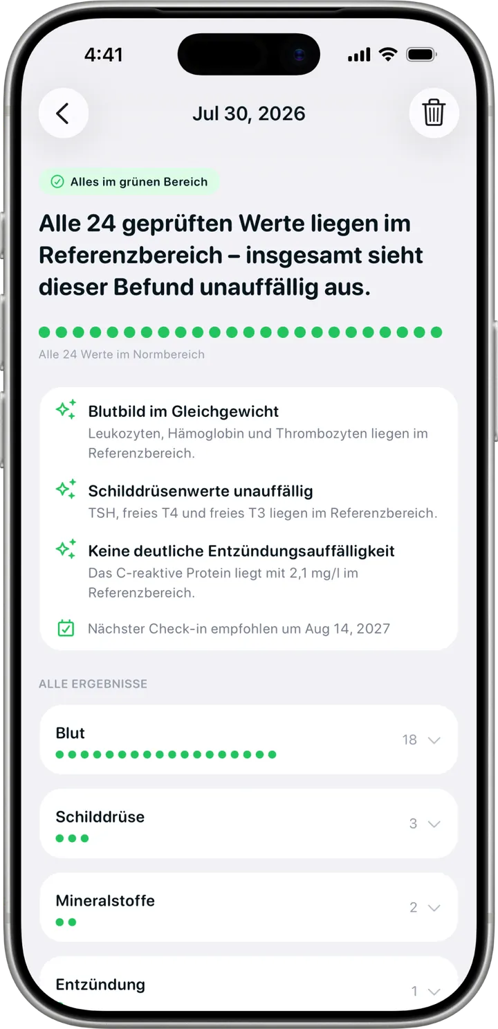 Blutwerte-Ansicht in Healthier, mit Kategorien und Status der Ergebnisse