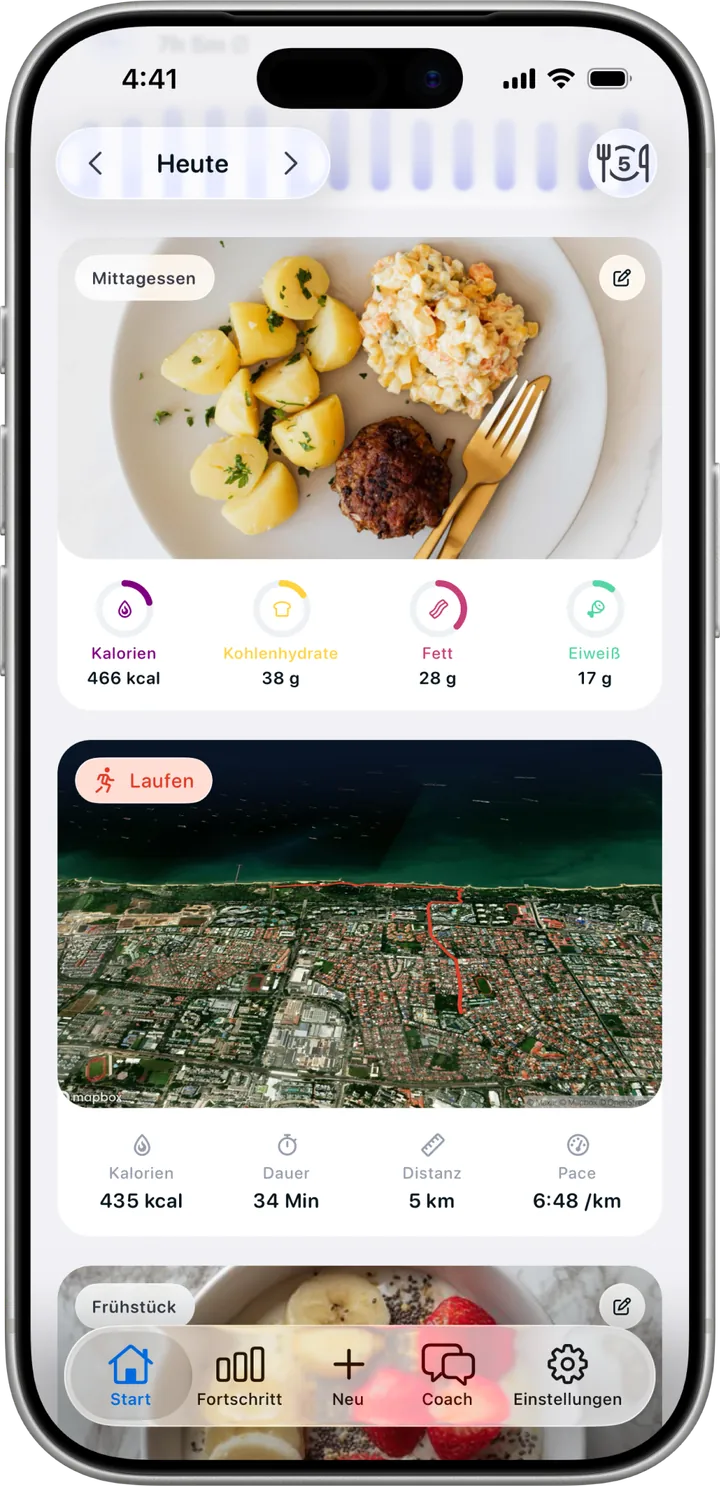 Ernährungsansicht in Healthier, mit fotografiertem Mittagessen und Makros