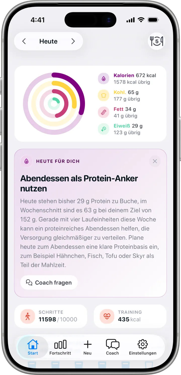 Heute-Ansicht in Healthier, mit Ernährungsringen und einem Heute-für-dich-Hinweis