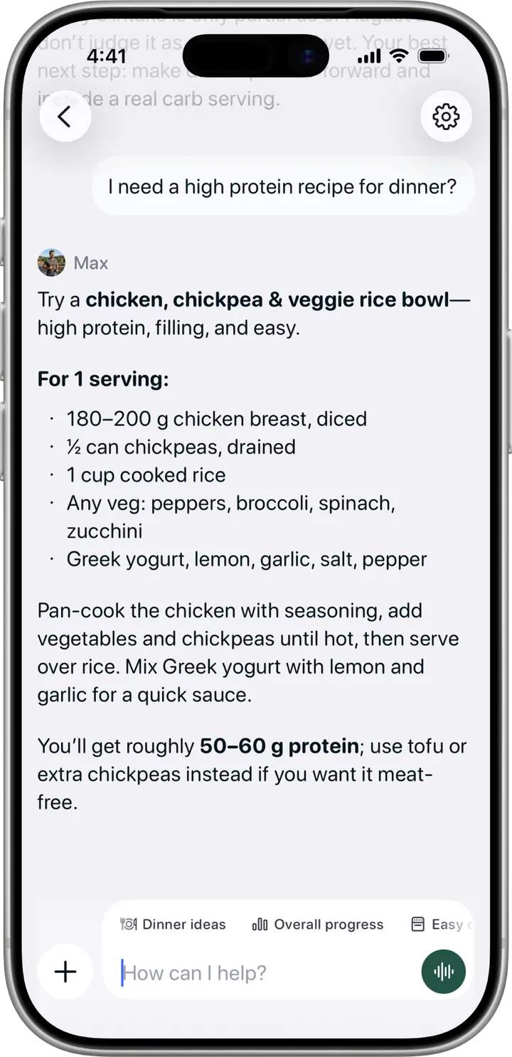 Coach screen in Healthier, with a high-protein dinner suggestion from Max