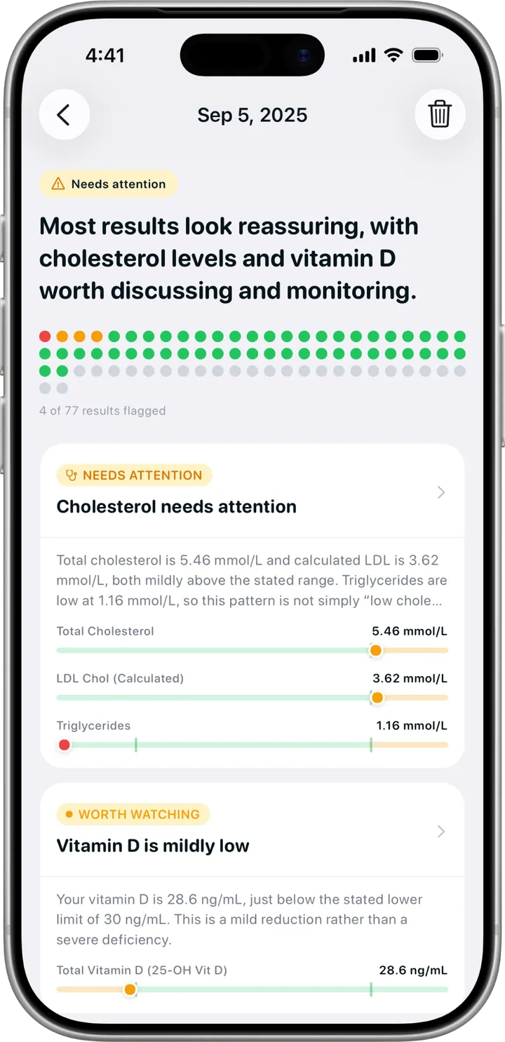 Blood test screen in Healthier, with a plain-English summary