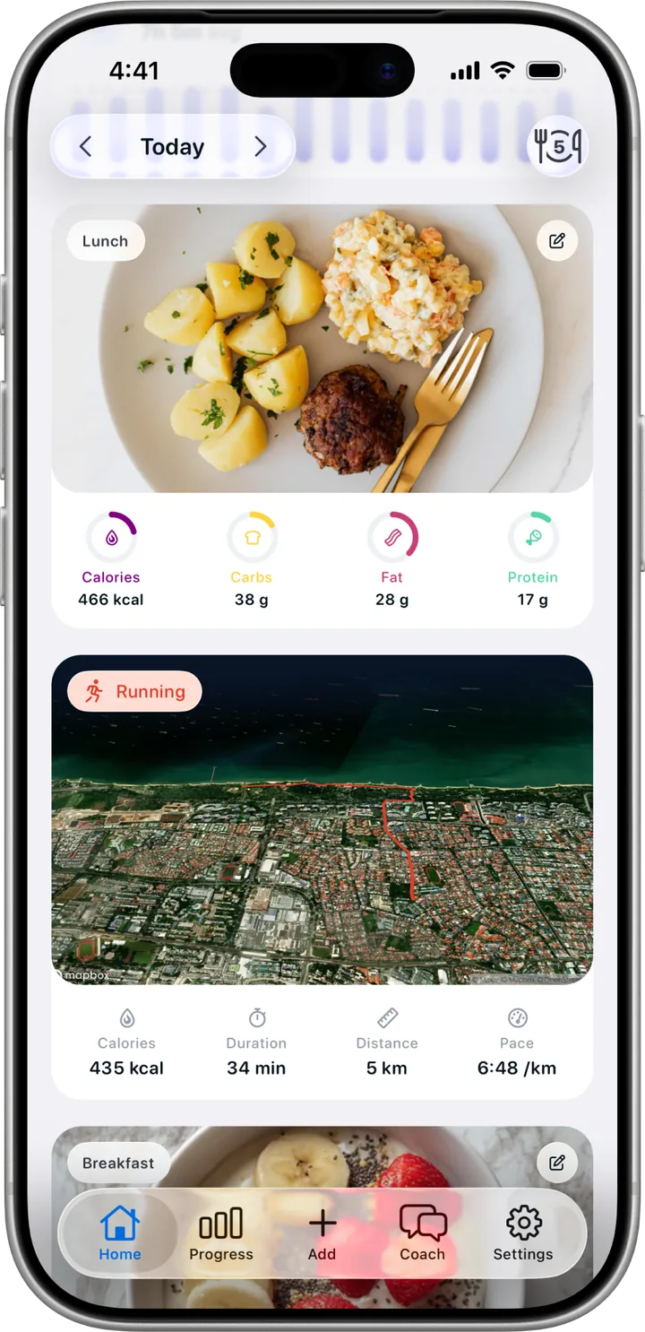 Nutrition screen in Healthier, with a photographed lunch and macros
