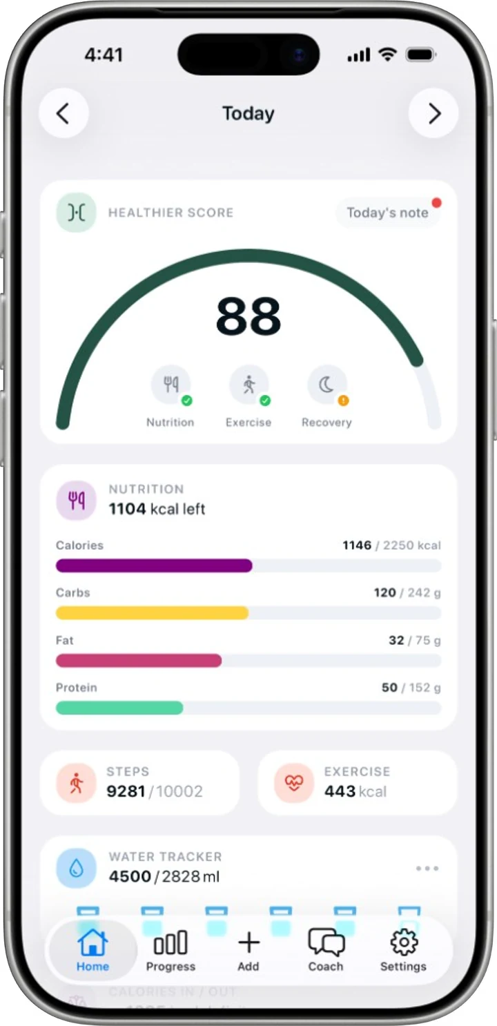 Today screen in Healthier, with the Healthier Score and nutrition rings