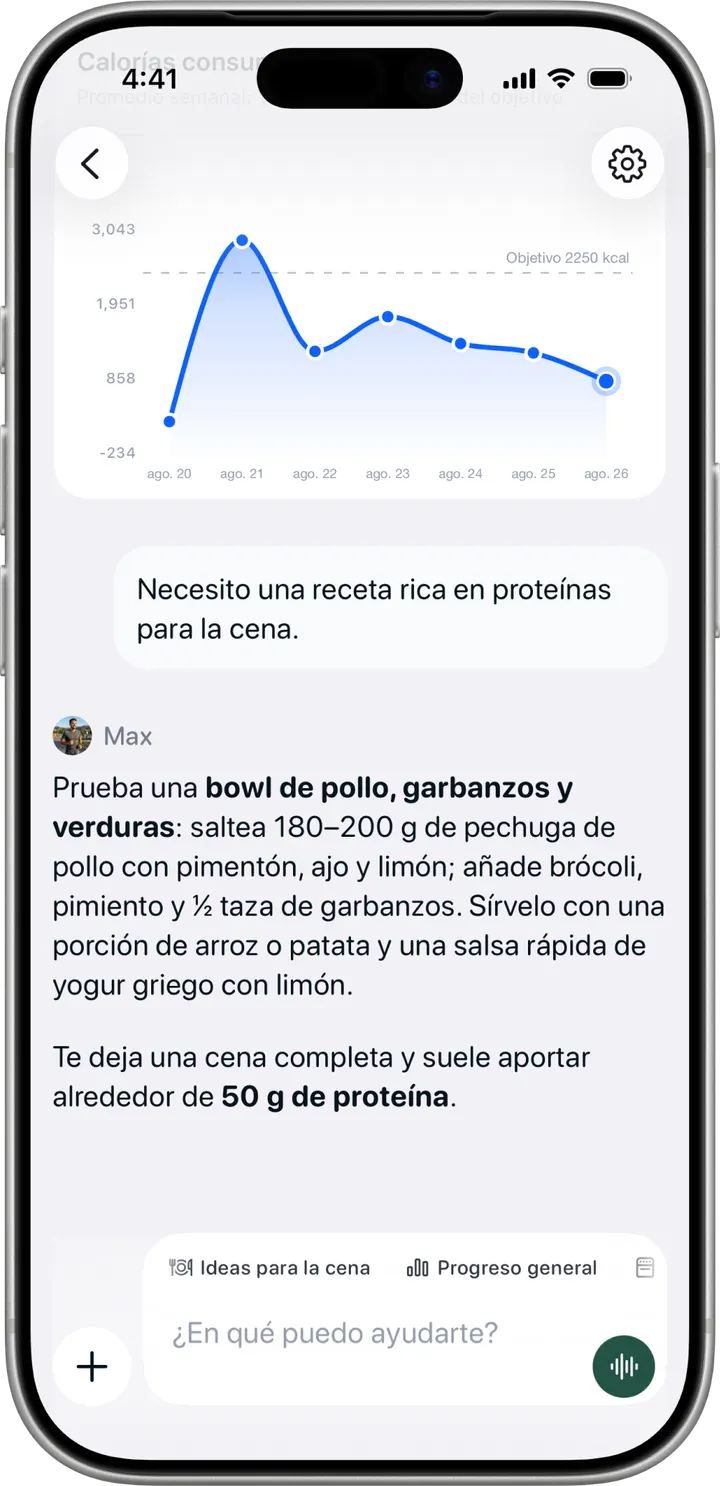 Pantalla de Coach en Healthier, con una cena alta en proteína sugerida por Max