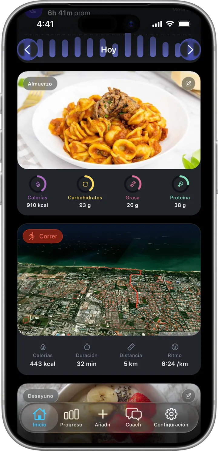 Pantalla de Nutrición en Healthier, con un almuerzo fotografiado y los macros