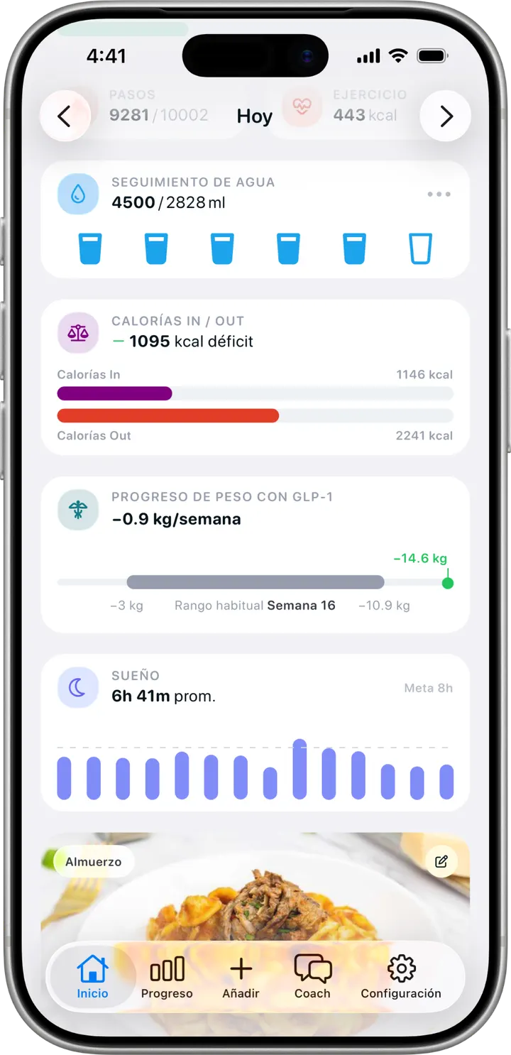 Pantalla de Recuperación en Healthier, con hidratación, calorías que entran y salen, y sueño