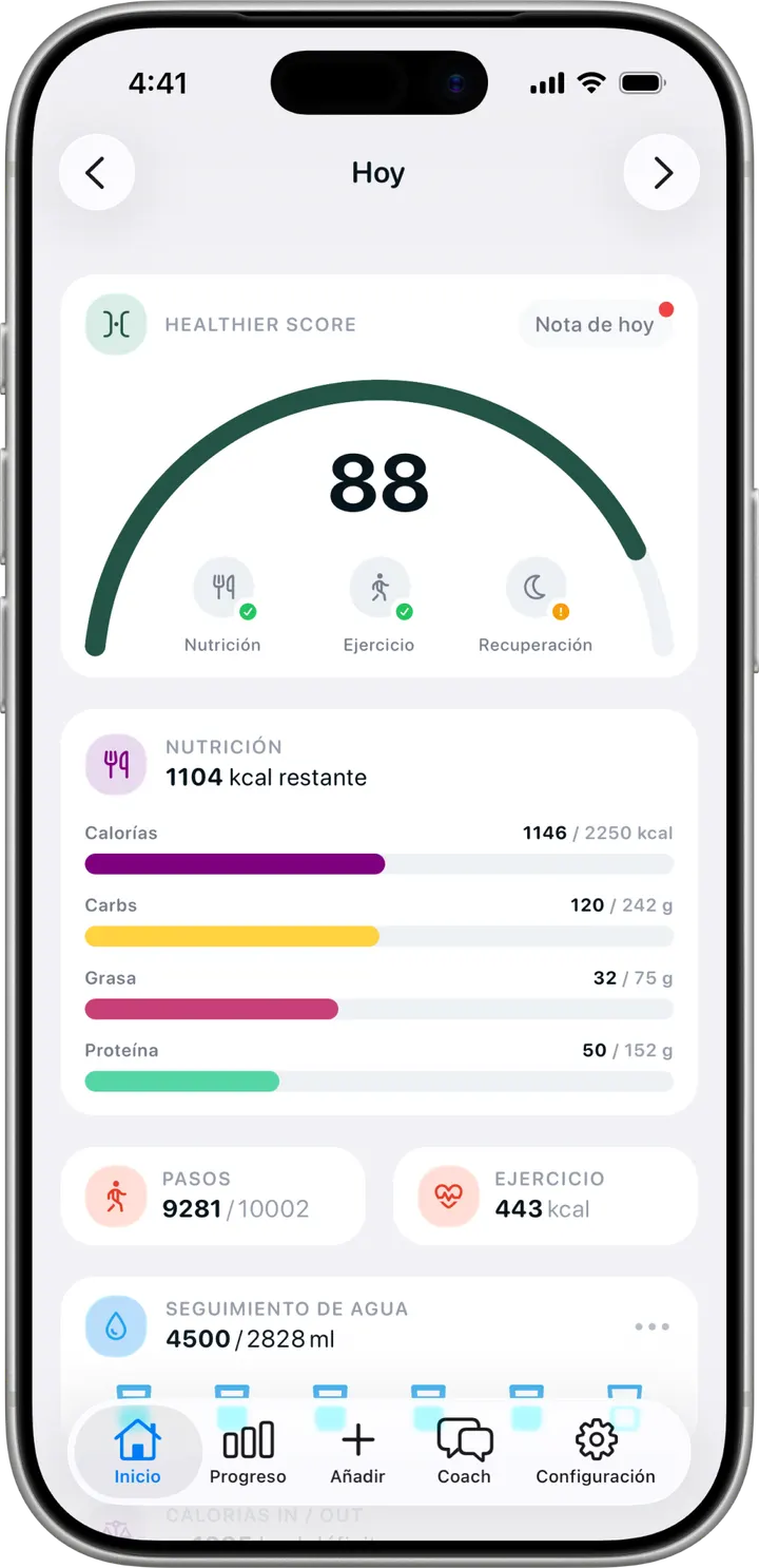 Pantalla de Inicio en Healthier, con el Healthier Score y los anillos de nutrición
