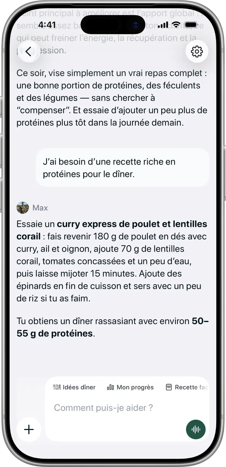 Écran Coach dans Healthier, avec une idée de dîner riche en protéines de Max