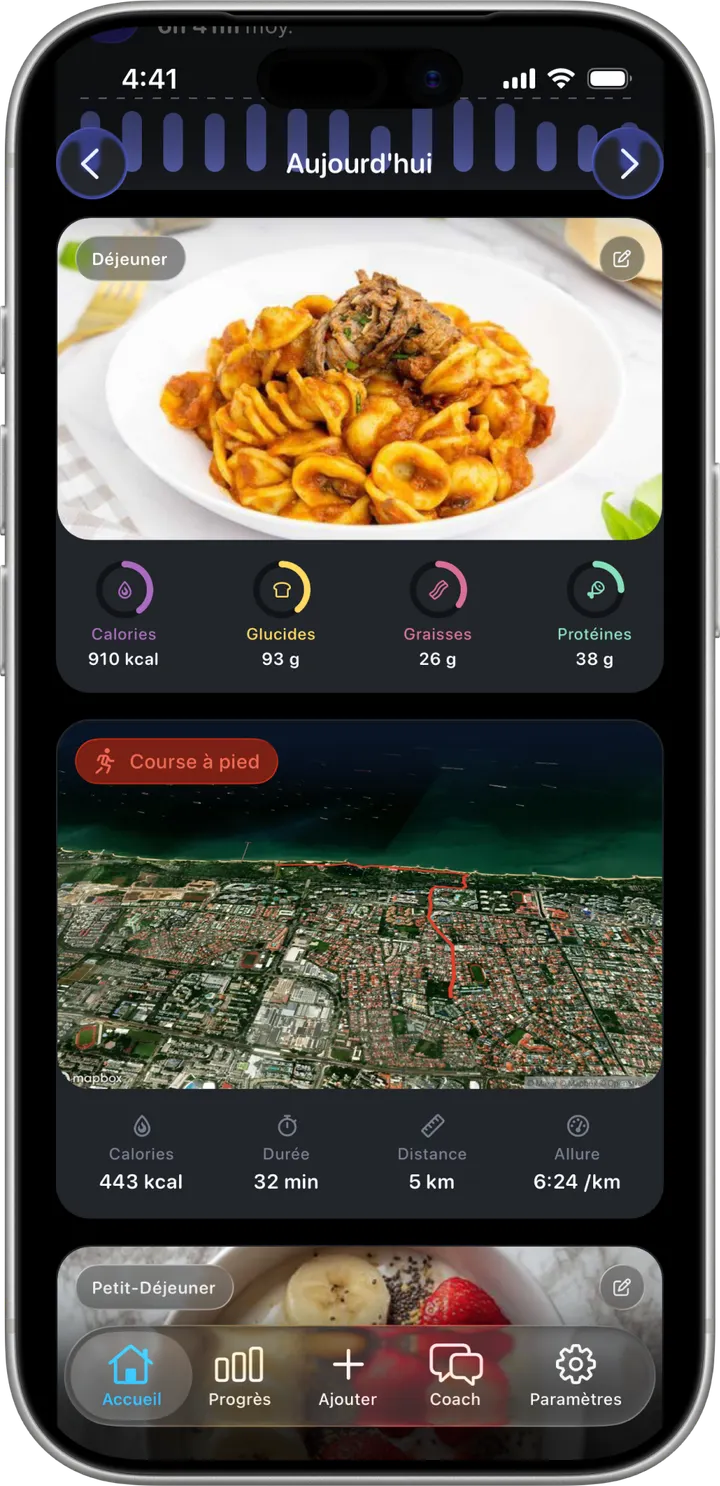 Écran Nutrition dans Healthier, avec un déjeuner photographié et les macros