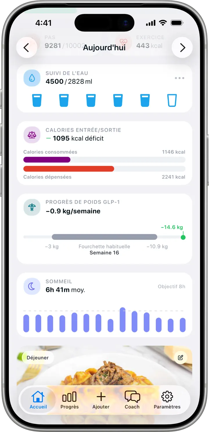 Écran Récupération dans Healthier, avec l’hydratation, les calories entrées et sorties, et le sommeil