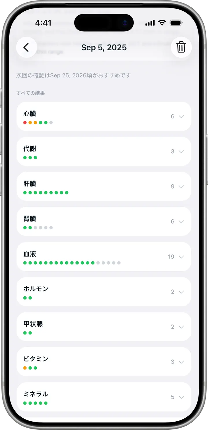 Healthierの血液検査画面。日常のことばでの要約つき。