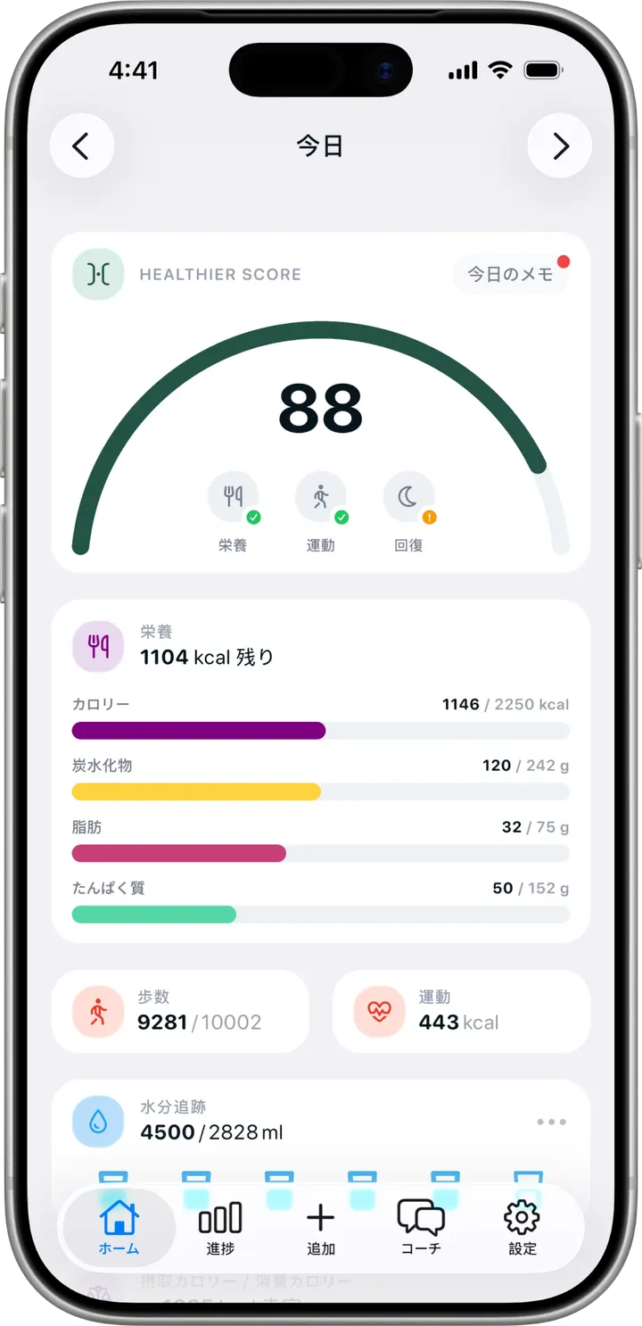 Healthierのホーム画面。Healthier Scoreと栄養のリング。